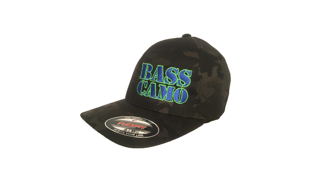 Camo with Bass Black FlexFit Fishing pre-curved visor Hat embroid Camo