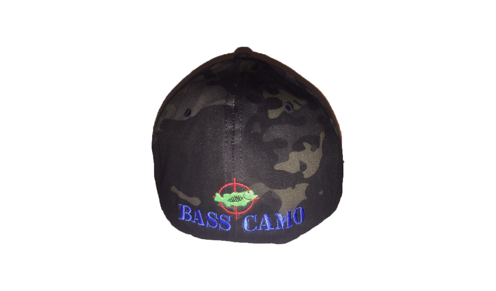 Bass Camo FlexFit Black Camo Hat Fishing pre-curved visor embroid with