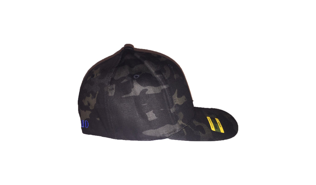 Bass Camo FlexFit Black Camo Fishing Hat with pre-curved visor embroidered  front and back in pro stitch high thread count with vibrant royal blue
